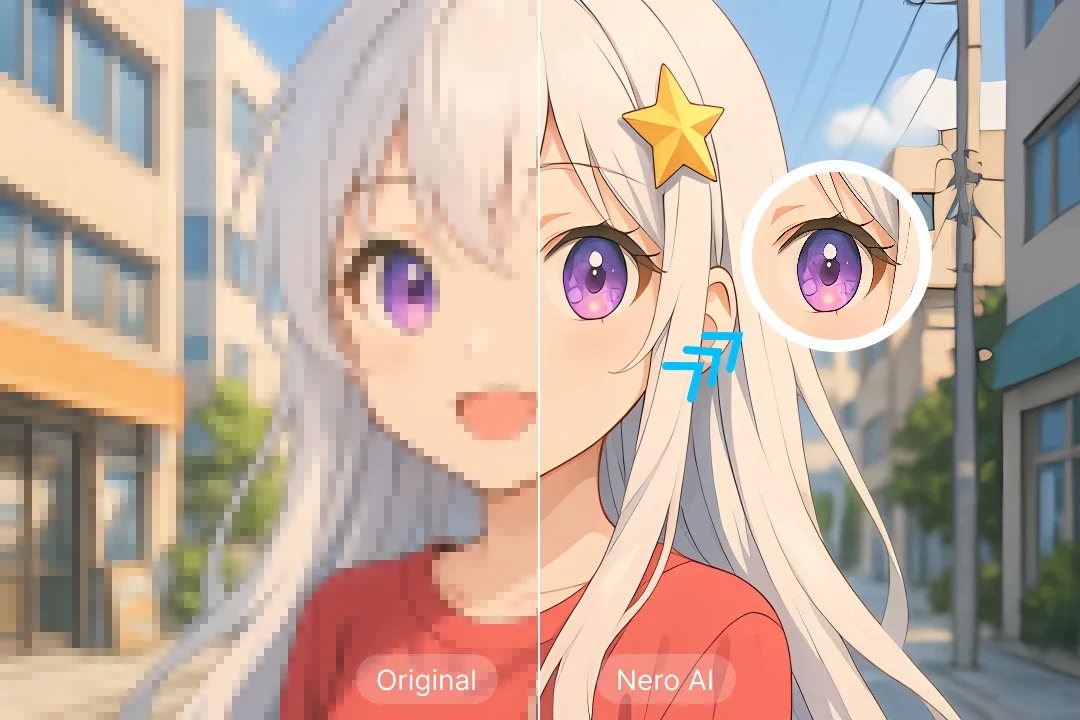 Anime image before and after enlargement with eye detail highlighted