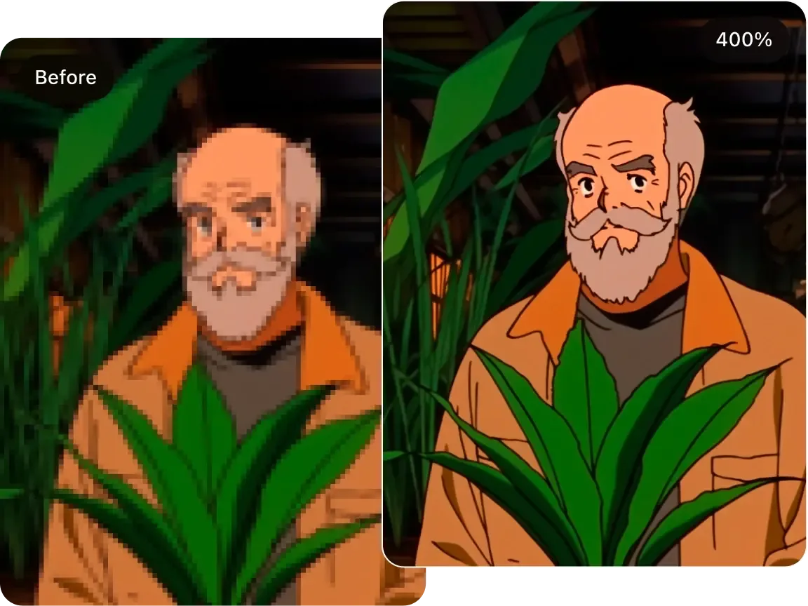 Pixelated anime frame compared with a smoother enlarged interpretation