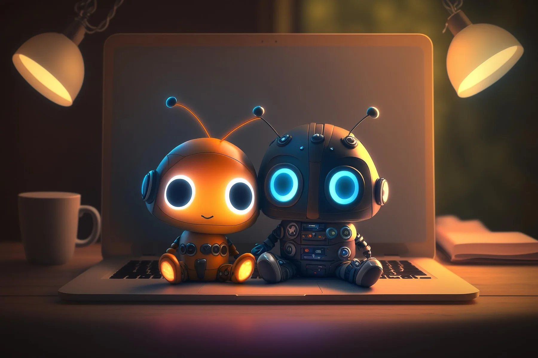 Two stylised robot characters used to inspect smooth gradients and reflective edges