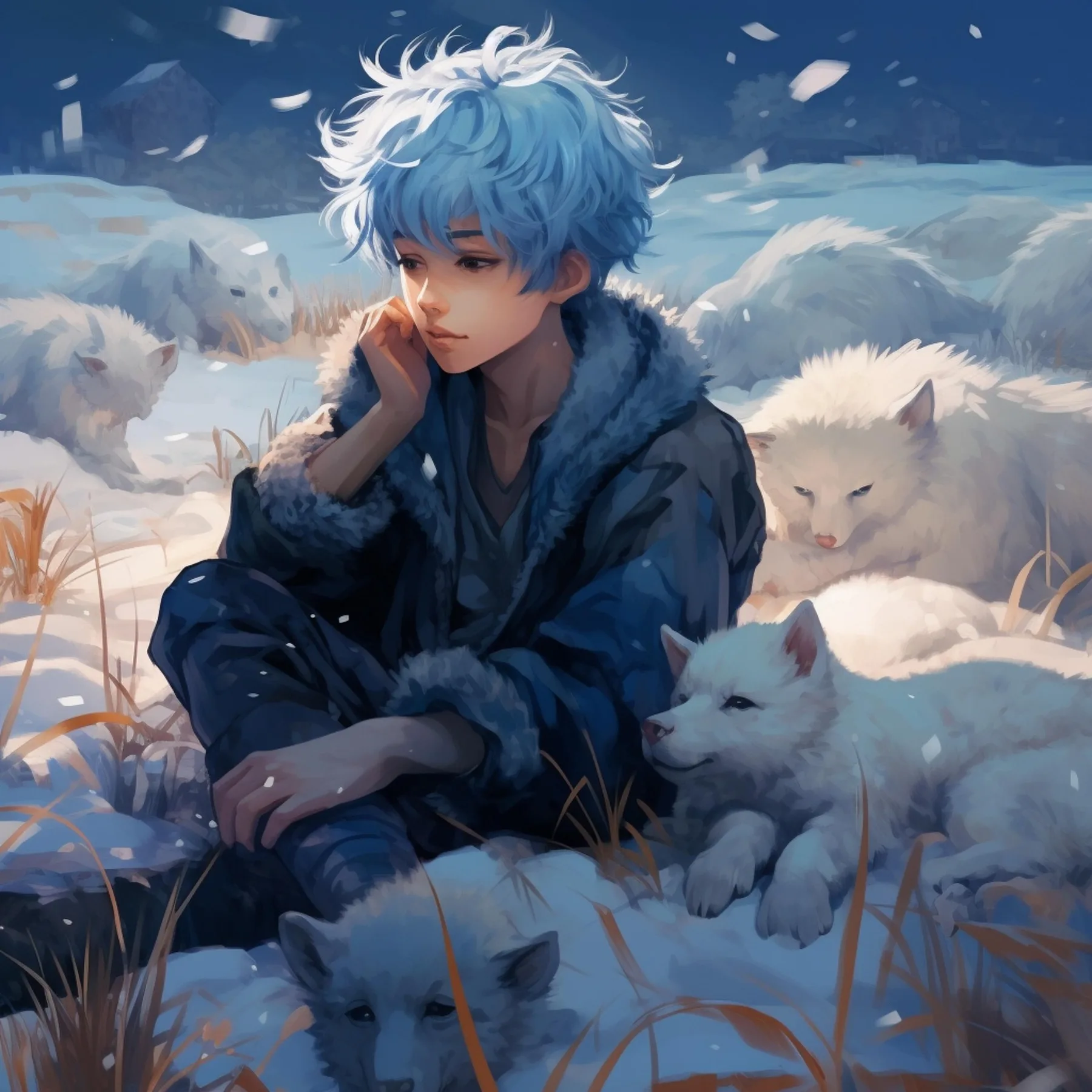 Soft digital painting with anime character and winter animals