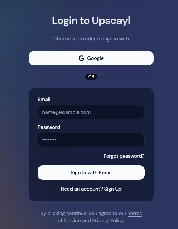 Upscayl Cloud sign-in and account creation screen