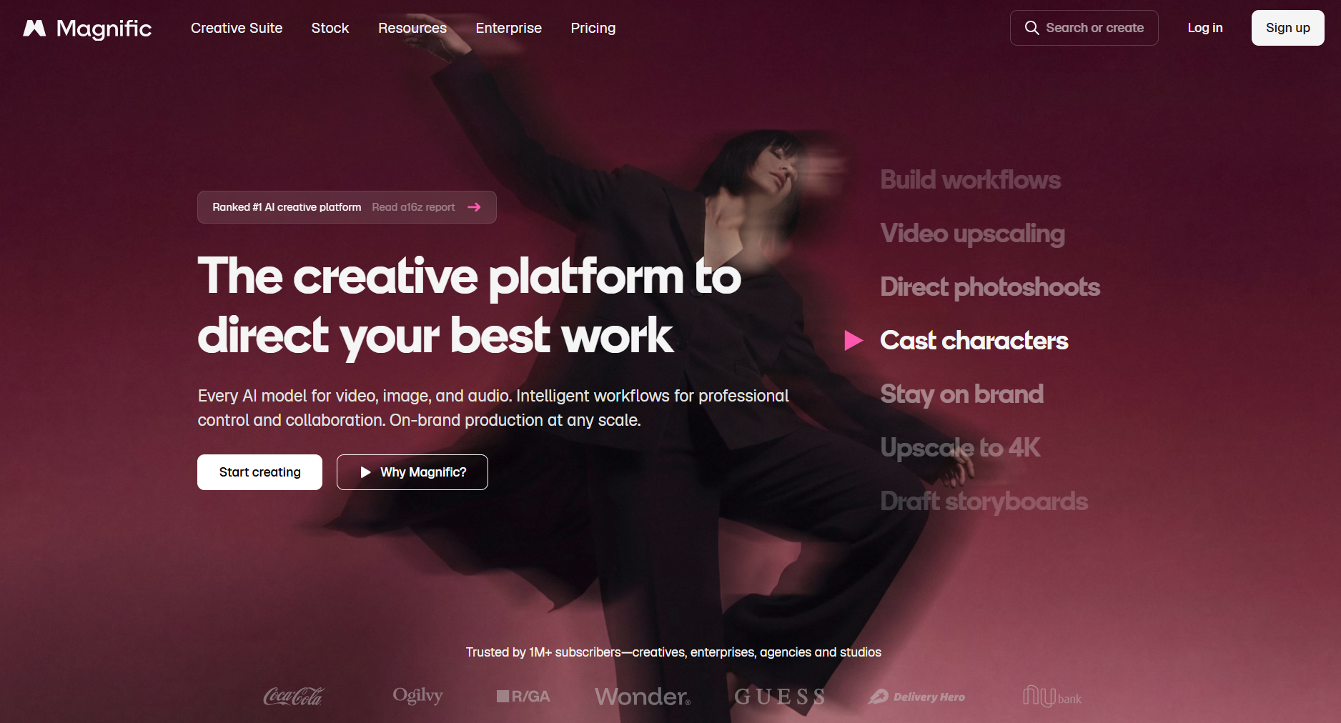 Magnific AI homepage presenting its creative platform workflows