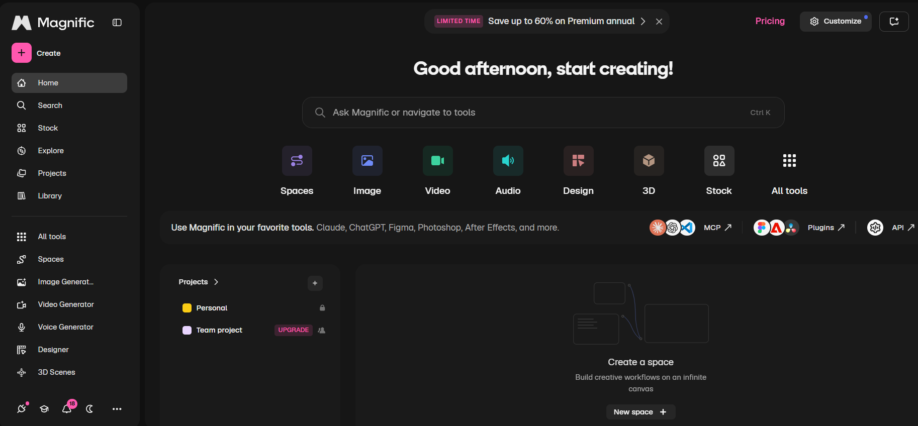 Magnific AI creative platform interface and tools dashboard