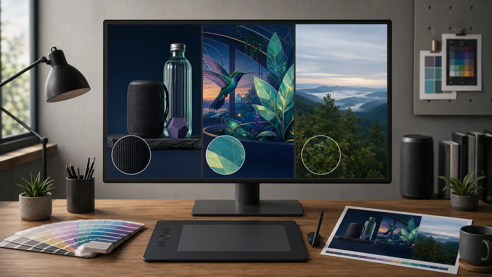 Designer quality-control workstation comparing product photography, illustration, and natural photography detail