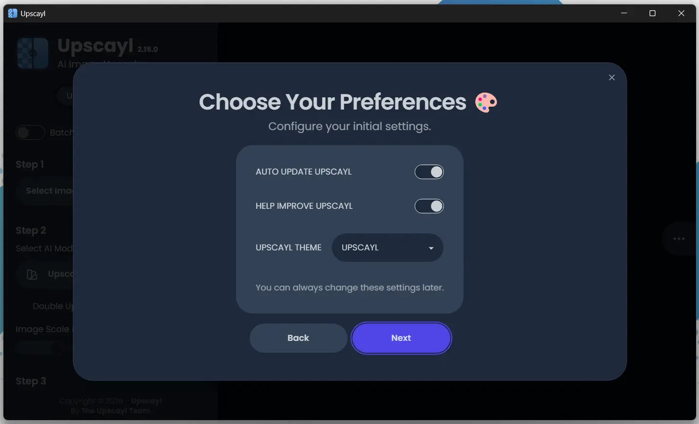 Upscayl initial update, improvement and theme preferences