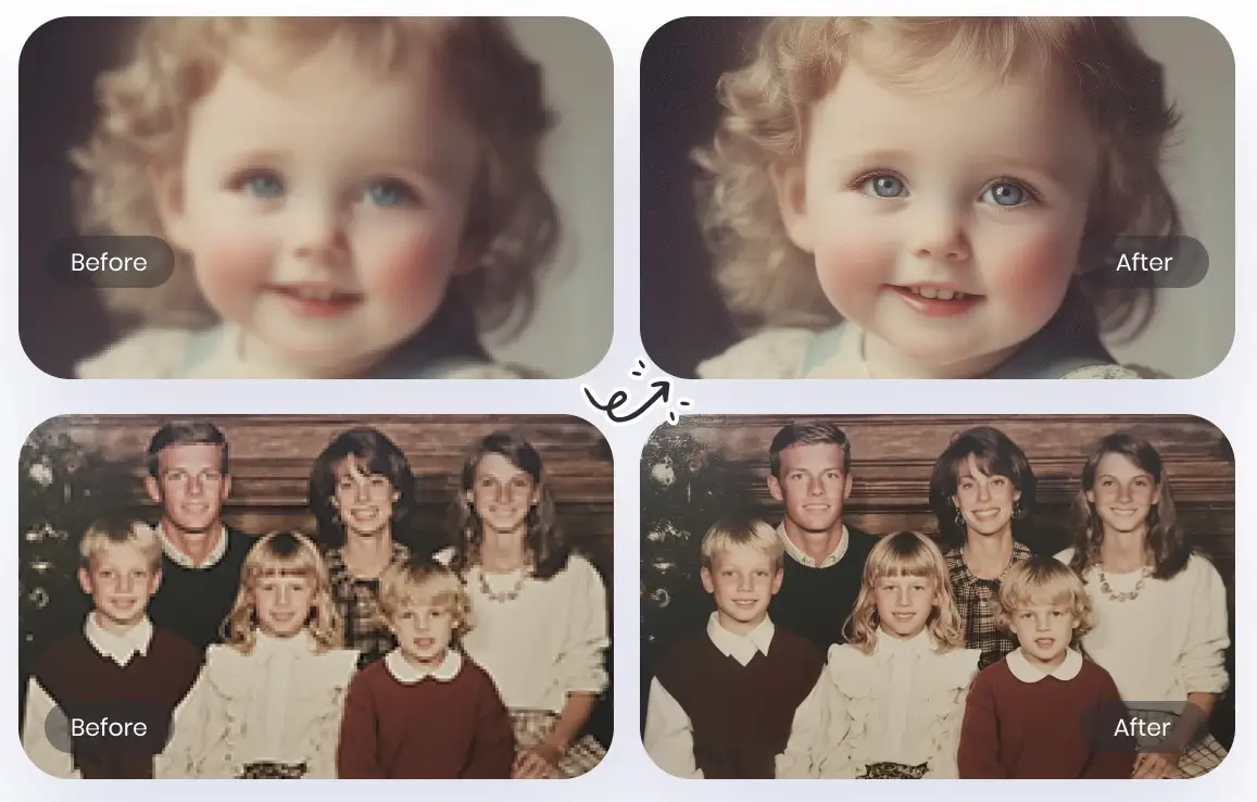 Before and after face enhancement examples for a soft child portrait and an older family photograph