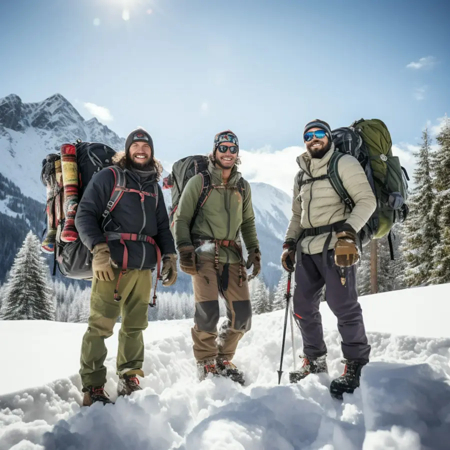 Three hikers in a snowy mountain setting used to review faces, fabric and landscape detail