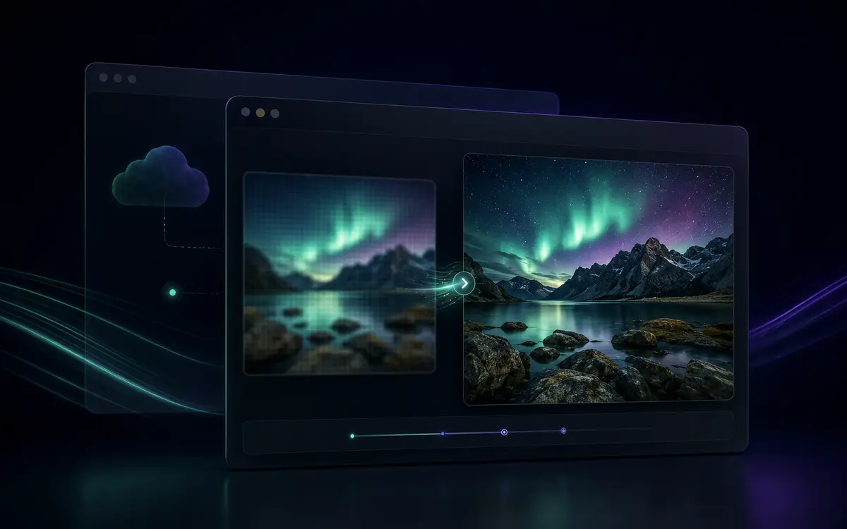 Desktop and cloud image upscaling interface illustration